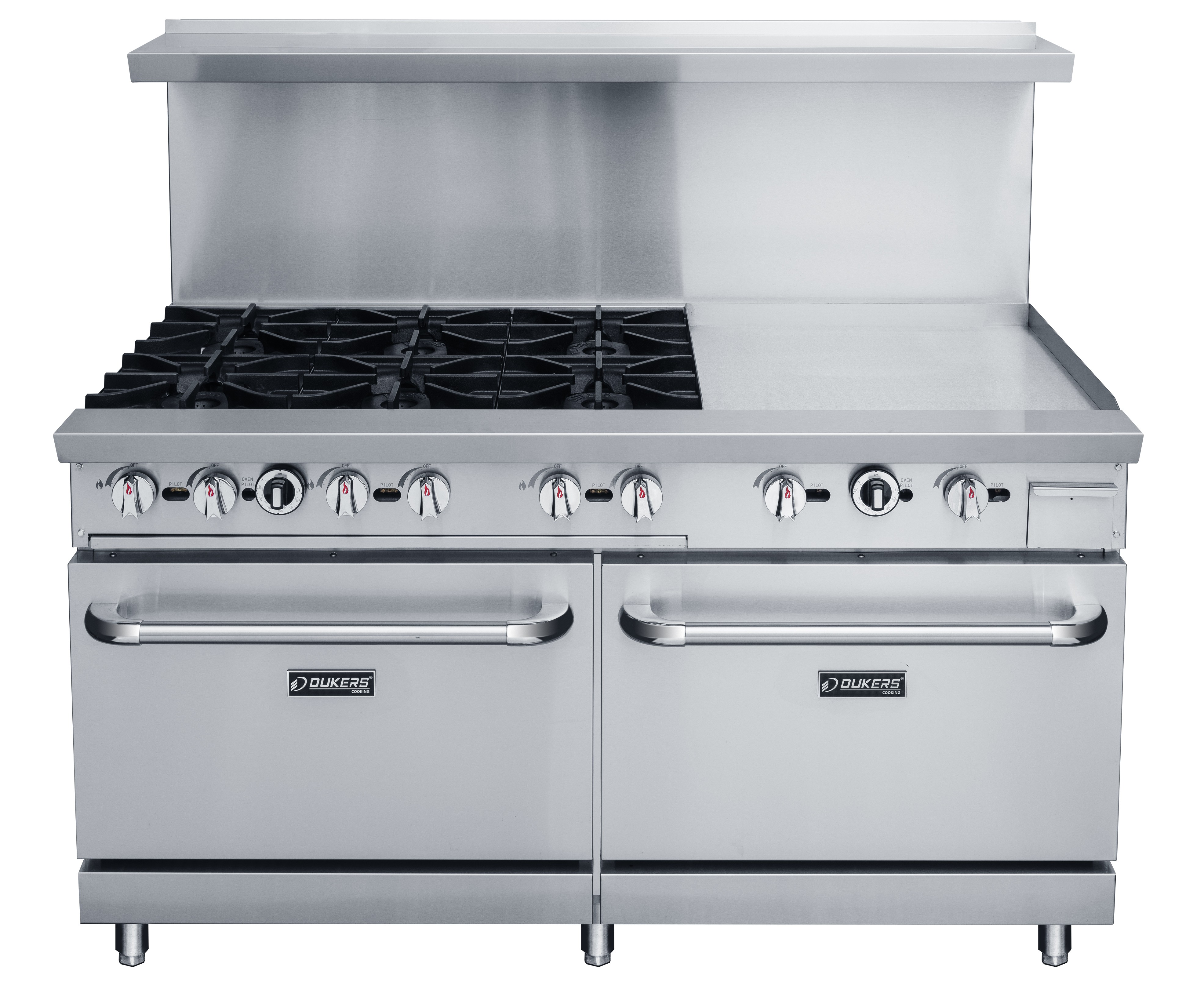 Dukers DCR60-6B24GM 60" Gas Range with 6 Open Burners, 24" Griddle, and Two Ovens - 324,000 BTU