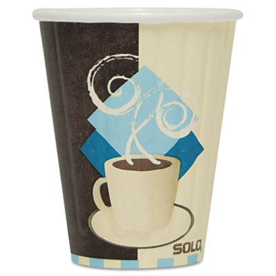Duo Shield Insulated Paper Hot Cups, 8oz, Tuscan, Chocolate/Blue/Beige, 50/Pk