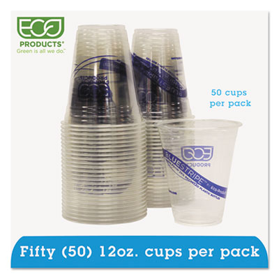 Eco-Products BlueStripe Recycled Content Clear Plastic Cold Drink Cups, 12 oz., 50/Pack