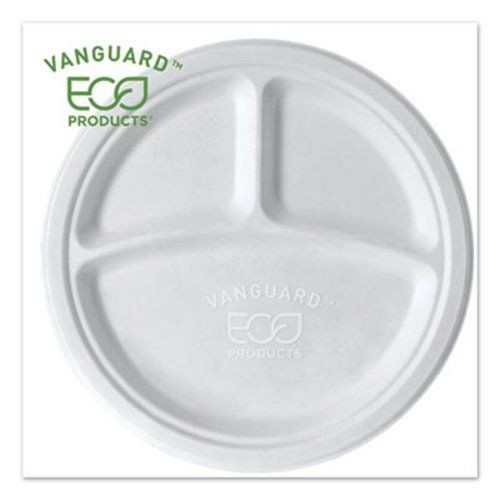 Eco-Products Vanguard Renewable and Compostable Sugarcane 3 Compartment Plates, 10", 500/Carton