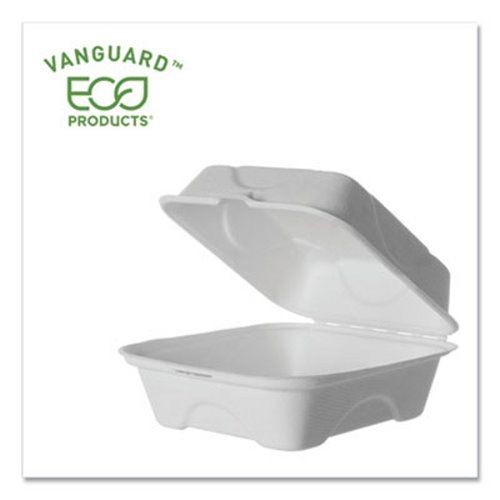 Eco-Products Vanguard Renewable and Compostable Sugarcane Clamshells, 1-Compartment, 6" x 6" x 3", 500/Carton