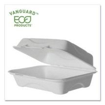 Eco-Products Vanguard Renewable and Compostable Sugarcane Clamshell Containers, 9&quot; x 6&quot; x 3&quot;, 250/Carton