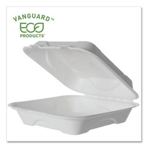 Eco-Products Vanguard Renewable and Compostable Sugarcane Clamshells, 1-Compartment, 9" x 9" x 3", 500/Carton