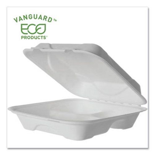 Eco-Products Vanguard Renewable and Compostable Sugarcane Clamshells, 3-Compartment, 9" x 9" x 3", 200/Carton