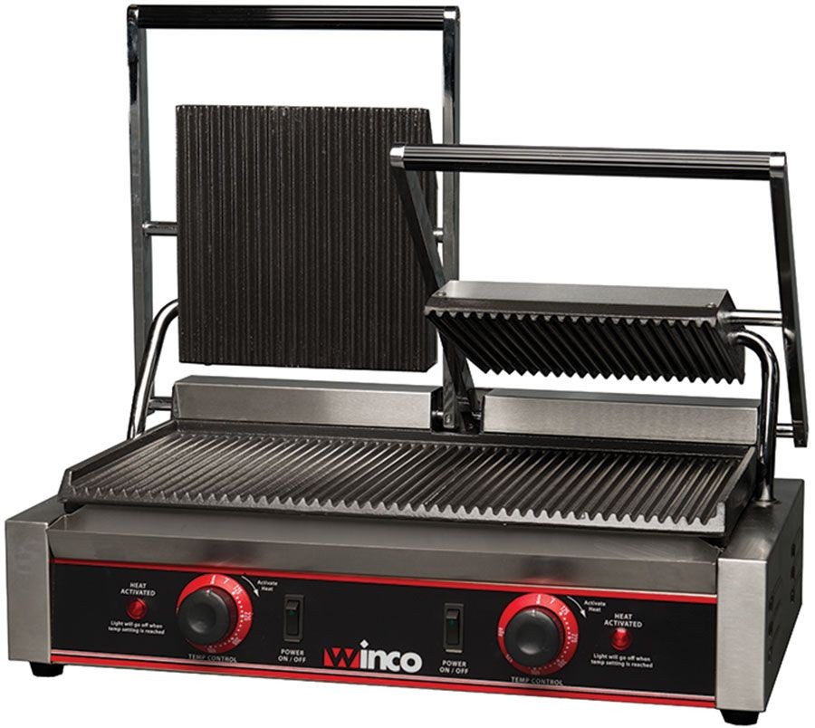 Winco EPG-2 Double Commercial Panini Press with Cast Iron Grooved Plates