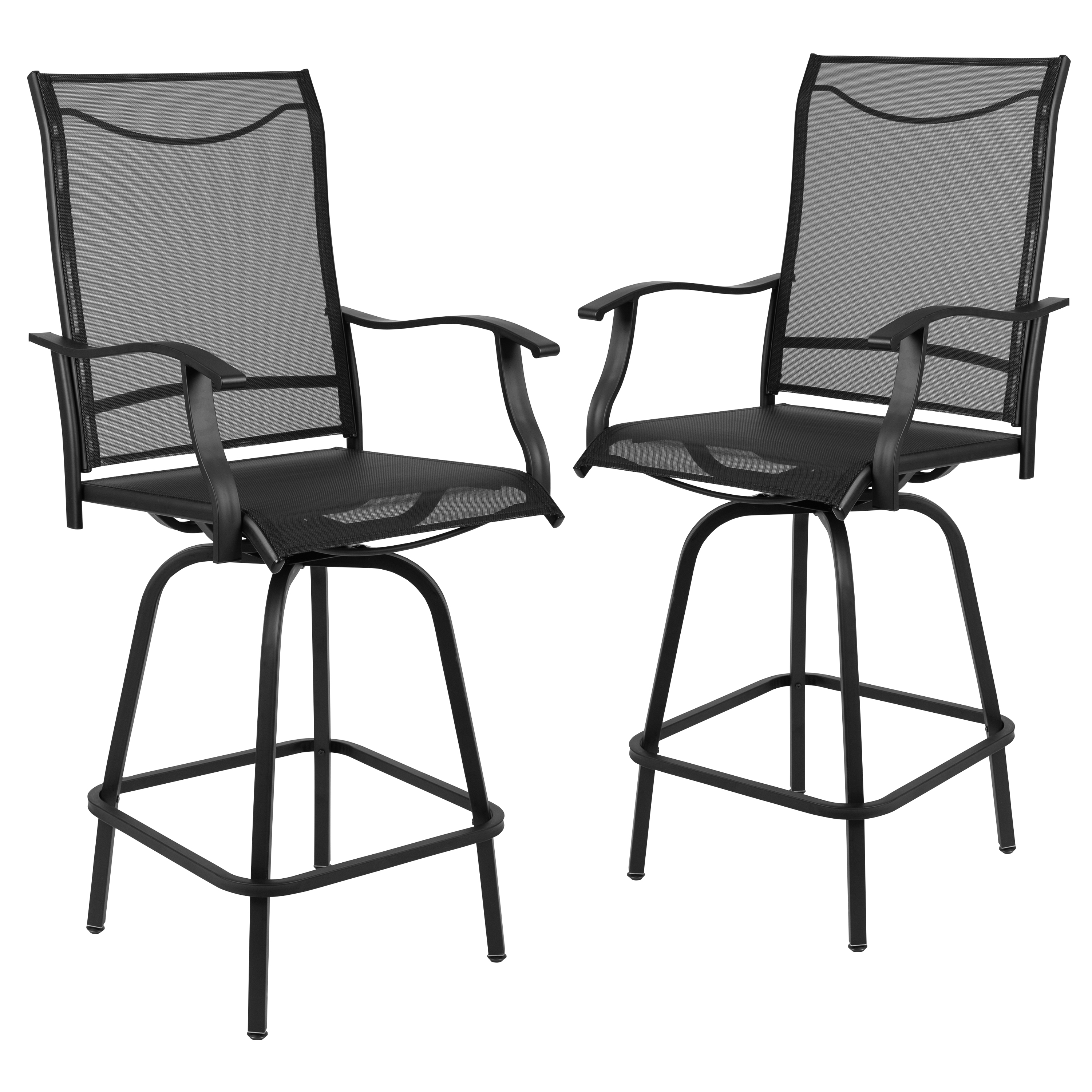 Flash Furniture 2-ET-SWVLPTO-30-BK-GG All-Weather Black Textilene Swivel Patio Stool with High Back & Armrests, Set of 2