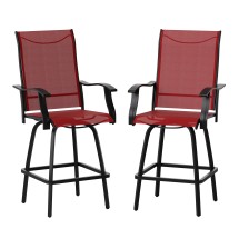 Flash Furniture 2-ET-SWVLPTO-30-RD-GG All-Weather Red Textilene Swivel Patio Stool with High Back & Armrests, Set of 2 