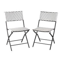 Flash Furniture 2-FV-FWA086-BLK-WHT-GG Indoor/Outdoor PE Rattan Foldable French Bistro Chair, Black/White, Black Steel Frame, Set of 2