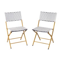 Flash Furniture 2-FV-FWA086-NVY-WHT-GG Commercial Grade Indoor/Outdoor PE Rattan Foldable French Bistro Chair, Navy/White, Natural Steel Frame, Set of 2 