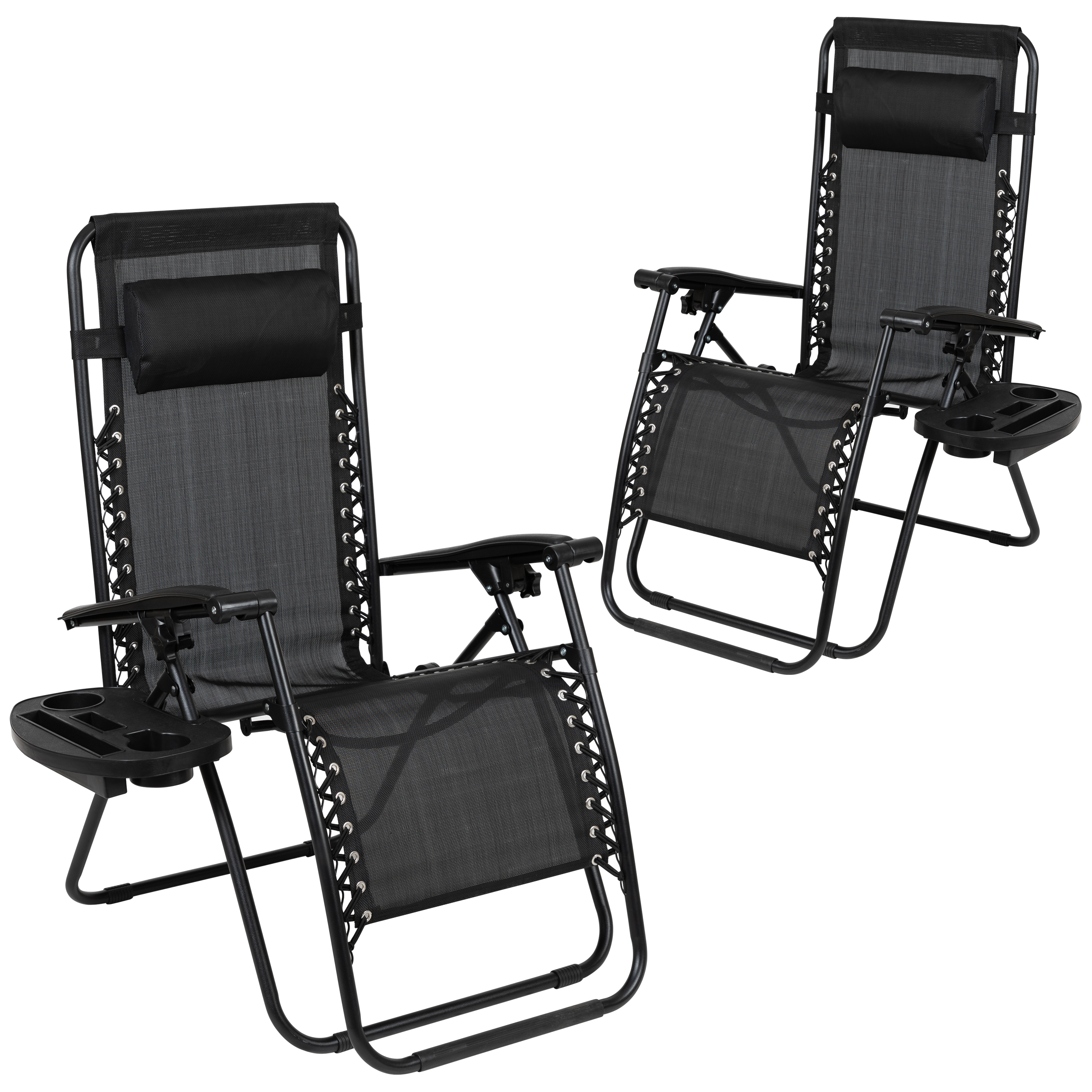 Flash Furniture 2-GM-103122SS-BK-GG Black Mesh Zero Gravity Adjustable Reclining Lounge Chair with Pillow and Cup Holder Tray, Set of 2