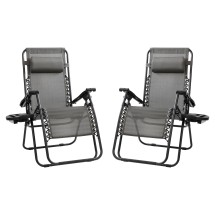 Flash Furniture 2-GM-103122SS-GR-GG Gray Mesh Zero Gravity Adjustable Reclining Lounge Chair with Pillow and Cup Holder Tray, Set of 2
