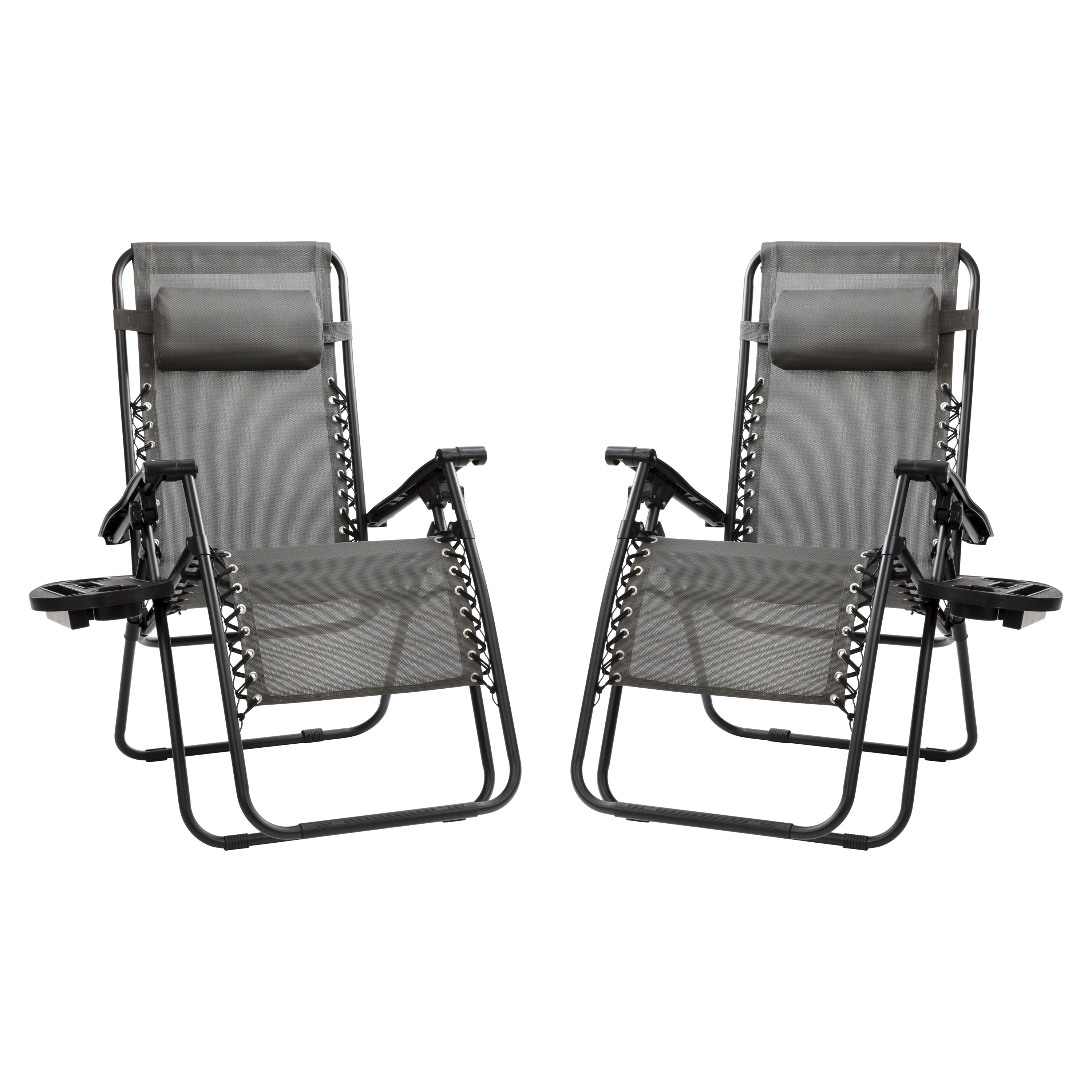 Flash Furniture 2-GM-103122SS-GR-GG Gray Mesh Zero Gravity Adjustable Reclining Lounge Chair with Pillow and Cup Holder Tray, Set of 2