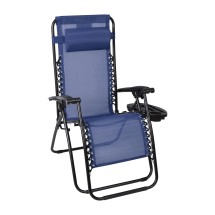 Flash Furniture 2-GM-103122SS-NV-GG Navy Mesh Zero Gravity Adjustable Reclining Lounge Chair with Pillow and Cup Holder Tray, Set of 2