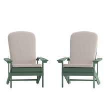 Flash Furniture 2-JJ-C14501-CSNCR-GRN-GG All-Weather Green Poly Resin Wood Adirondack Chair with Cream Cushions, Set of 2 