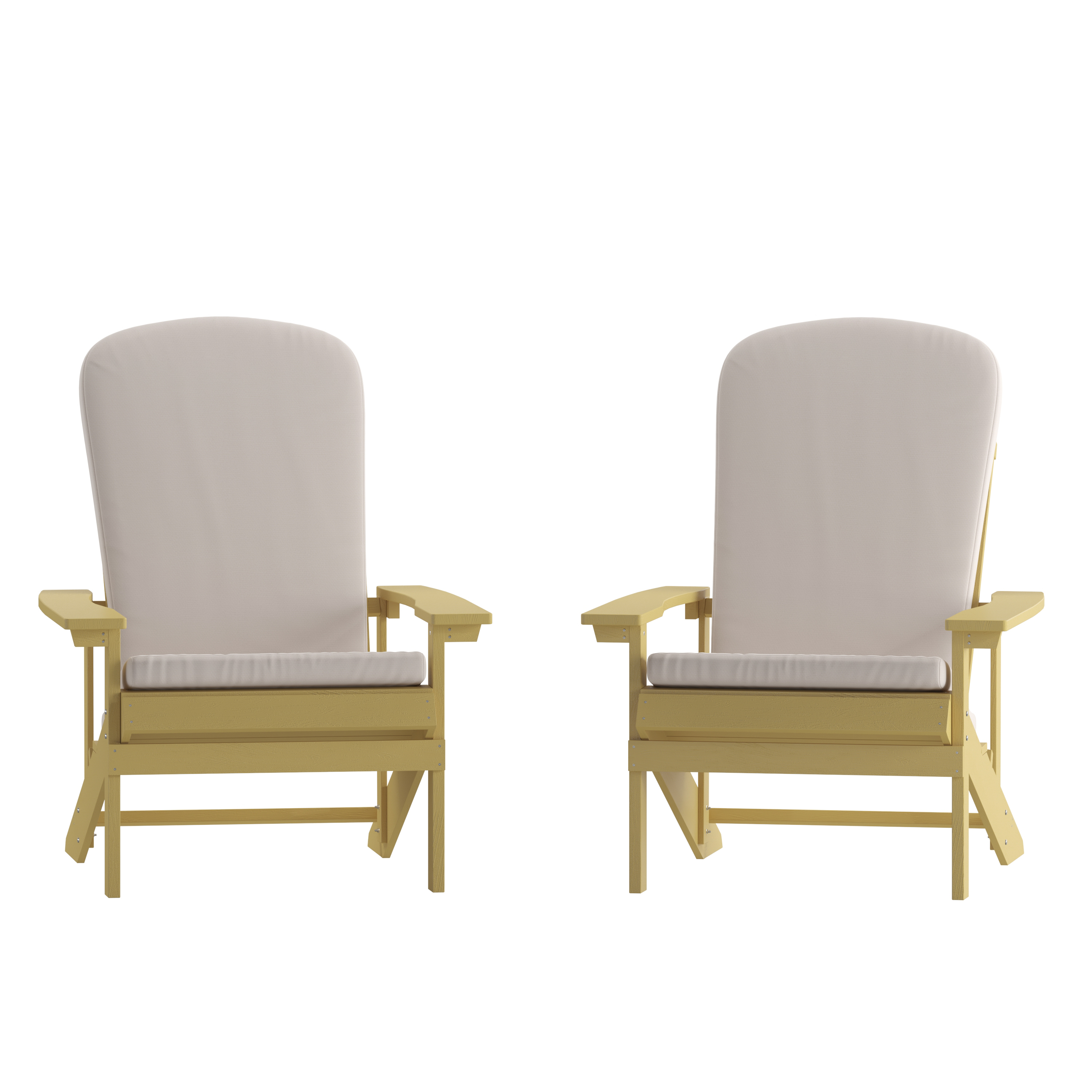 Flash Furniture 2-JJ-C14501-CSNCR-YLW-GG All-Weather Yellow Poly Resin Wood Adirondack Chair with Cream Cushions, Set of 2 