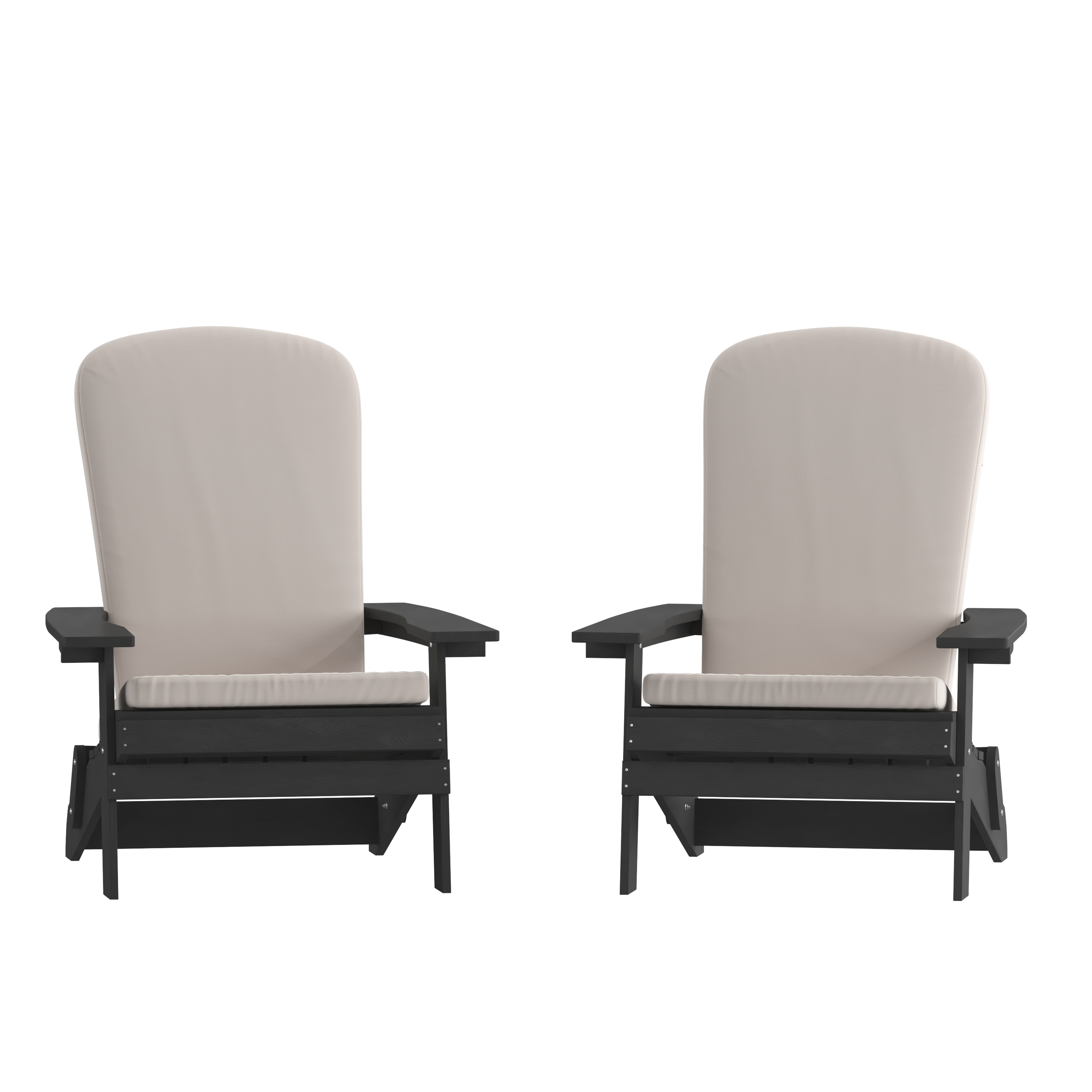 Flash Furniture 2-JJ-C14505-CSNCR-BLK-GG Black Poly Resin Indoor/Outdoor Folding Adirondack Chair with Cream Cushions, Set of 2 