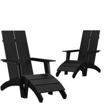 Flash Furniture 2-JJ-C14509-14309-BK-GG Modern Black All-Weather Poly Resin Wood Adirondack Chair with Foot Rest, Set of 2