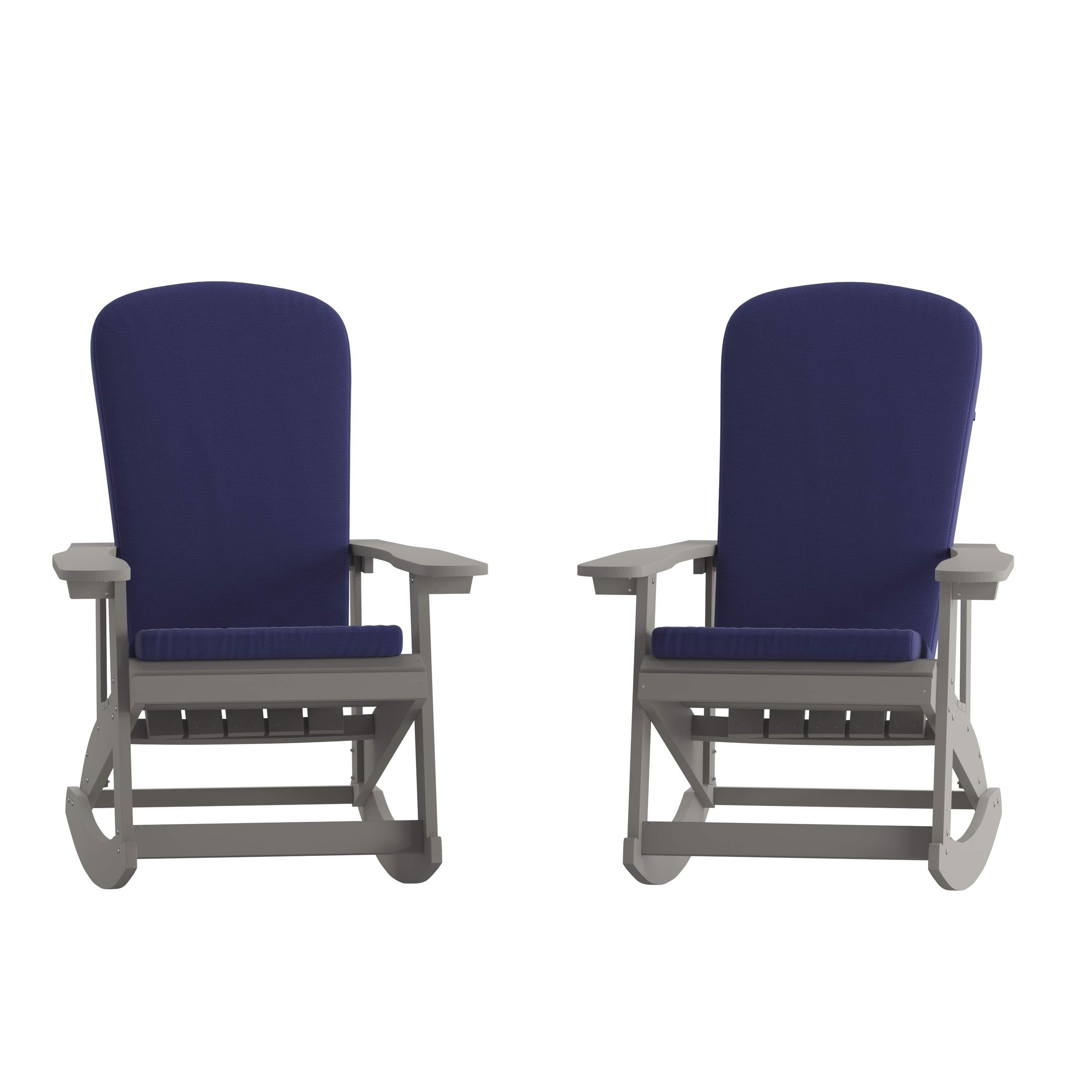 Flash Furniture 2-JJ-C14705-CSNBL-GY-GG All-Weather Poly Resin Gray Wood Adirondack Rocking Chair with Blue Cushions, Set of 2 