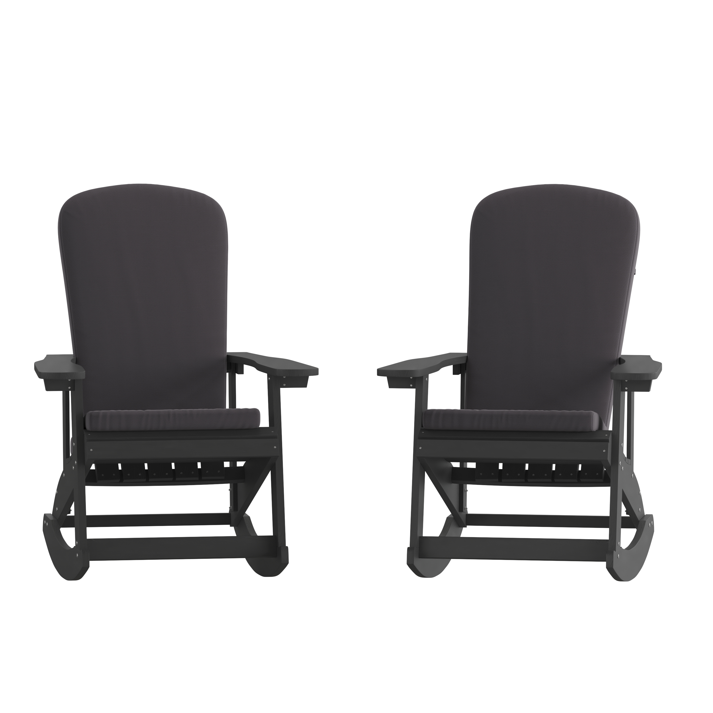 Flash Furniture 2-JJ-C14705-CSNGY-BK-GG All-Weather Black Poly Resin Wood Adirondack Rocking Chair with Gray Cushions, Set of 2