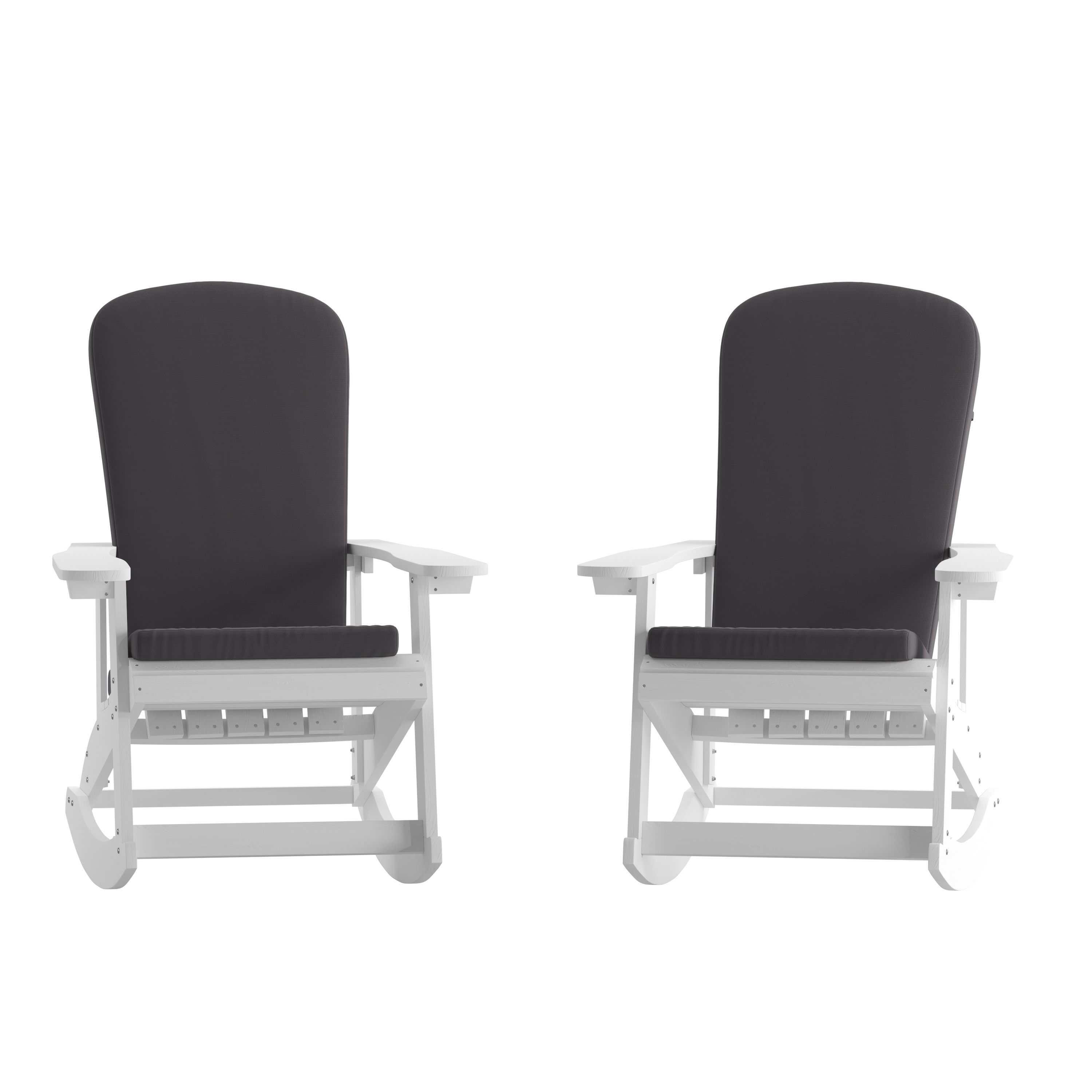 Flash Furniture 2-JJ-C14705-CSNGY-WH-GG All-Weather White Poly Resin Wood Adirondack Rocking Chair with Gray Cushions, Set of 2 