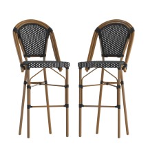 Flash Furniture 2-SDA-AD642001-BS-BKWH-NAT-GG Commercial Indoor/Outdoor Black/White PE Rattan French Bistro 30" Bar Stool with Bamboo Finish