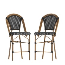 Flash Furniture 2-SDA-AD642001-CS-BKWH-NAT-GG Commercial Indoor/Outdoor Black/White PE Rattan French Bistro 26" Counter Height Stool with Bamboo Finish, Set of 2