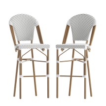 Flash Furniture 2-SDA-AD642001-F-BS-WHGY-NAT-GG Stackable Indoor/Outdoor Gray/White PE Rattan French Bistro 30" Bar Stool with Bamboo Finish, Set of 2