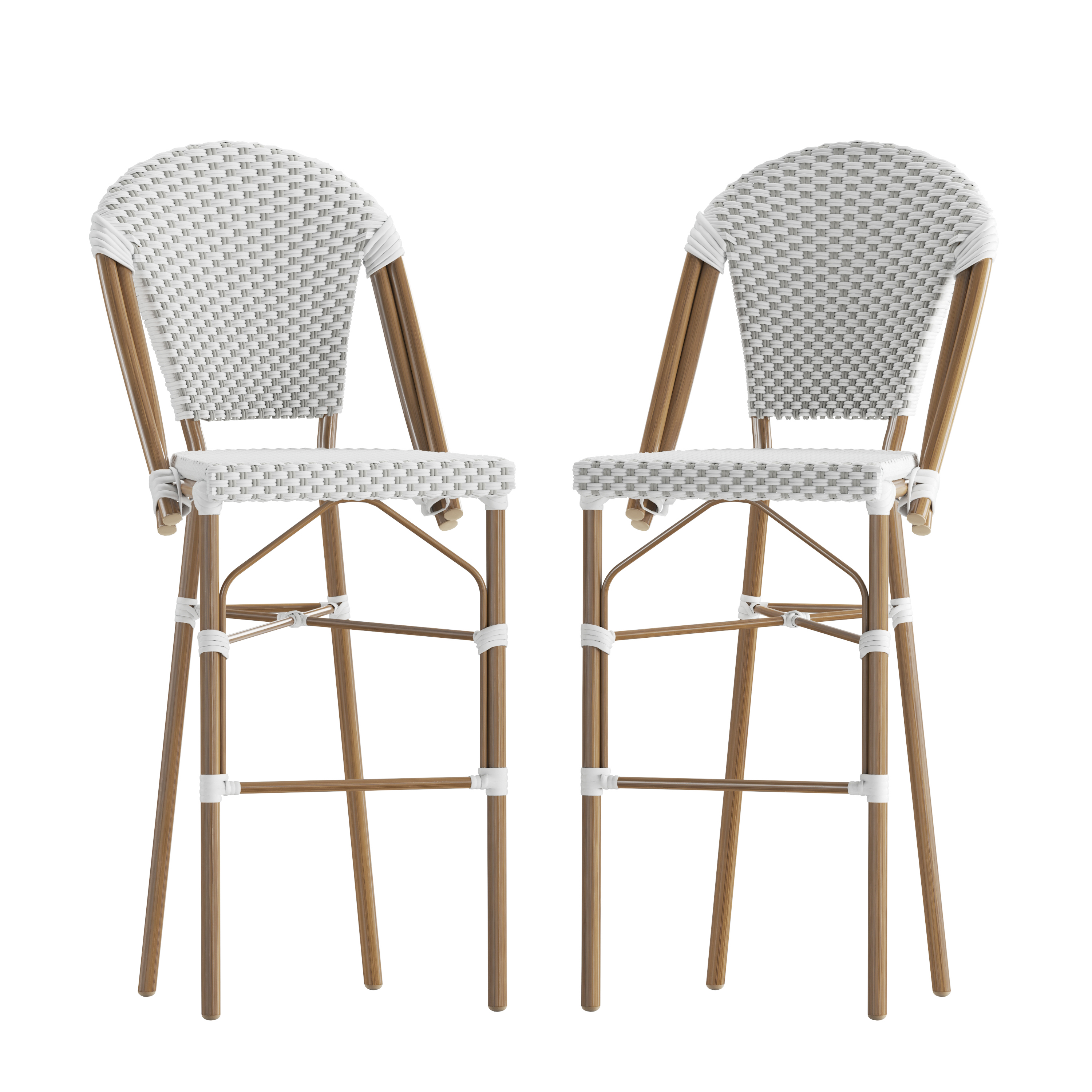 Flash Furniture 2-SDA-AD642001-F-BS-WHGY-NAT-GG Indoor/Outdoor Stackable Gray/White PE Rattan French Bistro Bar Stool, Natural Frame, 2/Set