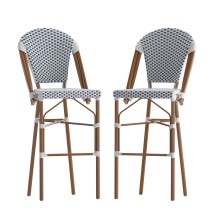 Flash Furniture 2-SDA-AD642001-F-BS-WHNVY-NAT-GG Stackable Indoor/Outdoor Navy/White PE Rattan French Bistro 30" Bar Stool with Bamboo Finish, Set of 2