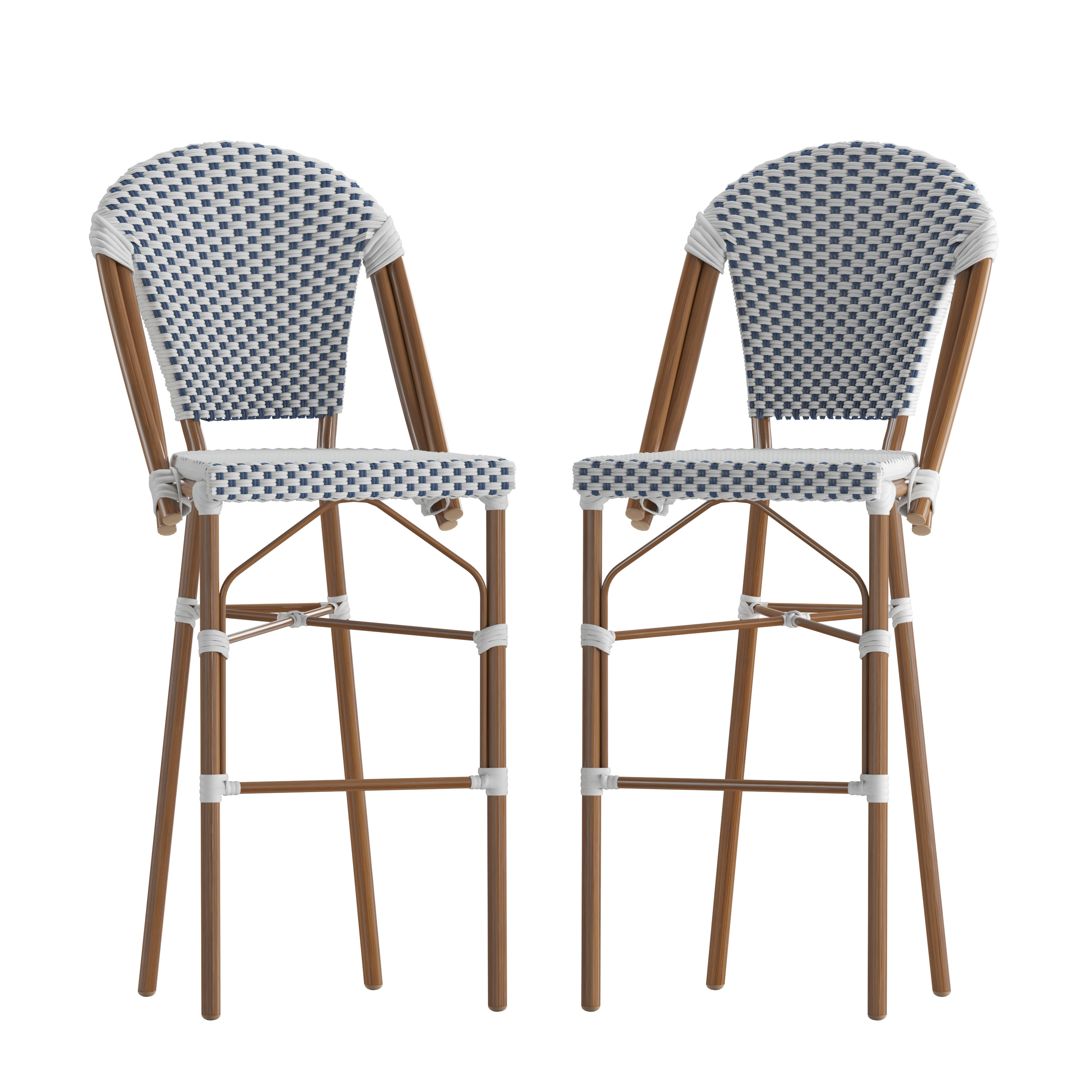 Flash Furniture 2-SDA-AD642001-F-BS-WHNVY-NAT-GG Indoor/Outdoor Stackable Navy/White PE Rattan French Bistro Bar Stool, Natural Frame, 2/Set
