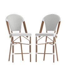 Flash Furniture 2-SDA-AD642001-F-CS-WHGY-NAT-GG Stackable Indoor/Outdoor White/Gray PE Rattan French Bistro 26" Counter Height Stood, and Bamboo Finish, Set of 2 