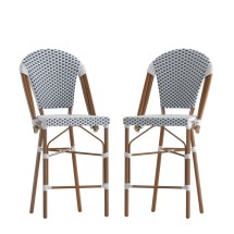 Flash Furniture 2-SDA-AD642001-F-CS-WHNVY-NAT-GG Stackable Indoor/Outdoor White/Navy PE Rattan French Bistro 26" Counter Height Stood, and Bamboo Finish, Set of 2 