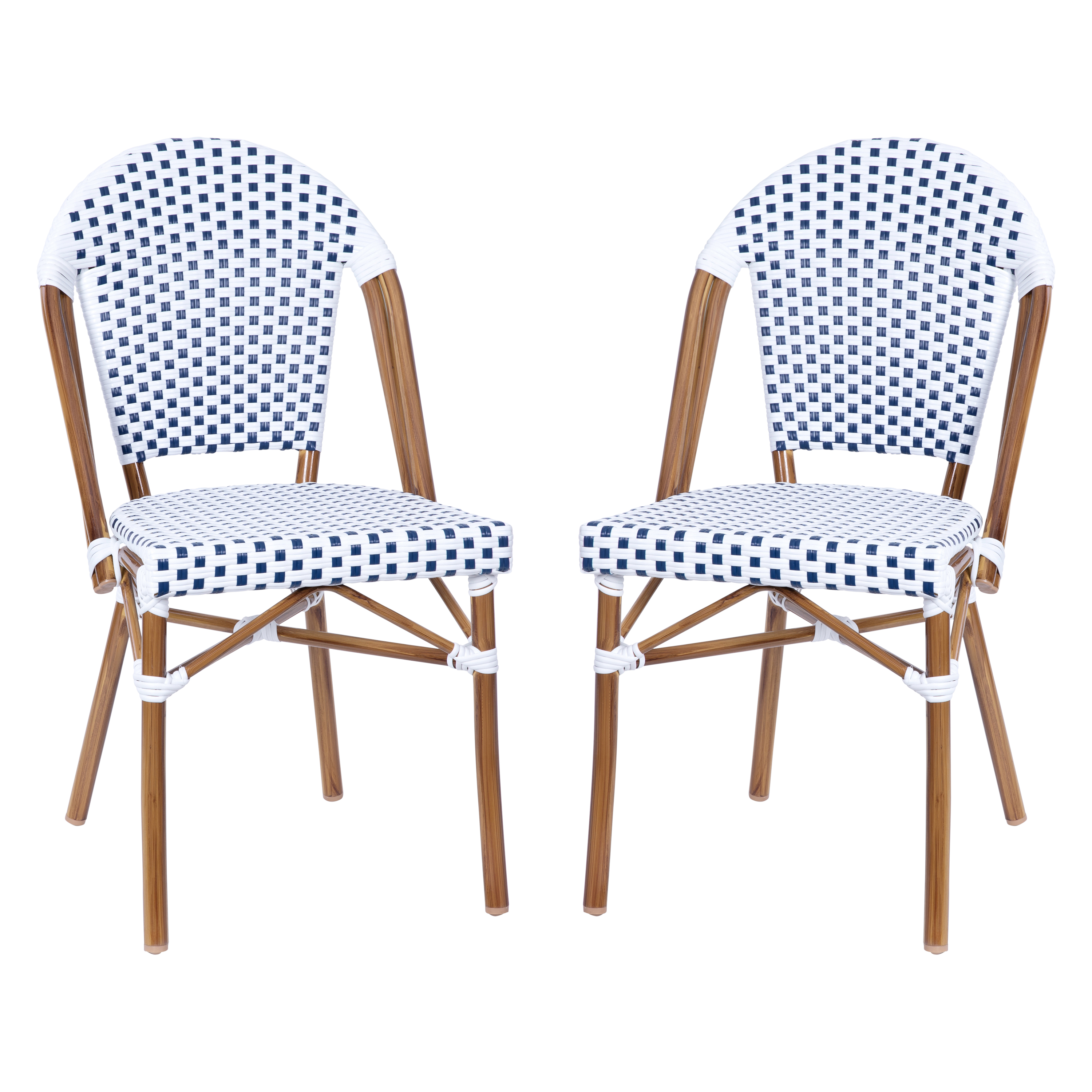 Flash Furniture 2-SDA-AD642001-F-WHGY-NAT-GG Indoor/OutdoorWhite/Gray PE Rattan French Bistro Stacking Chair with Natural Frame, 2/Set