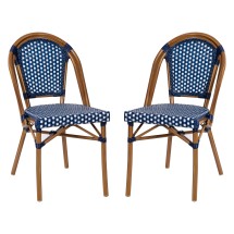 Flash Furniture 2-SDA-AD642001-NVYWH-NAT-GG Indoor/Outdoor Commercial Navy/White PE Rattan French Bistro Stacking Chair with Natural Bamboo Print Aluminum Frame, Set of 2