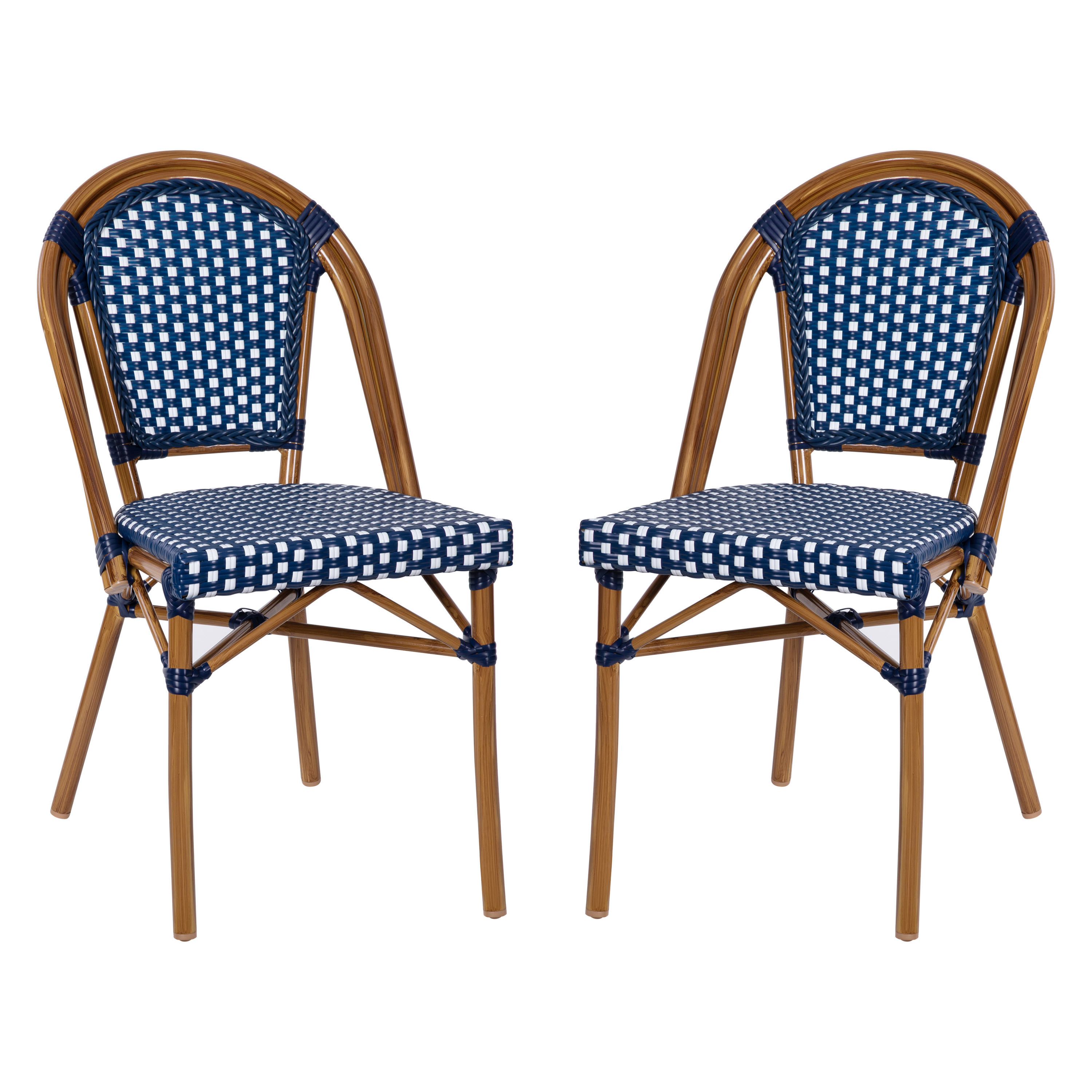Flash Furniture 2-SDA-AD642001-NVYWH-NAT-GG Indoor/Outdoor Commercial Navy/White PE Rattan French Bistro Stacking Chair with Natural Bamboo Print Aluminum Frame, Set of 2