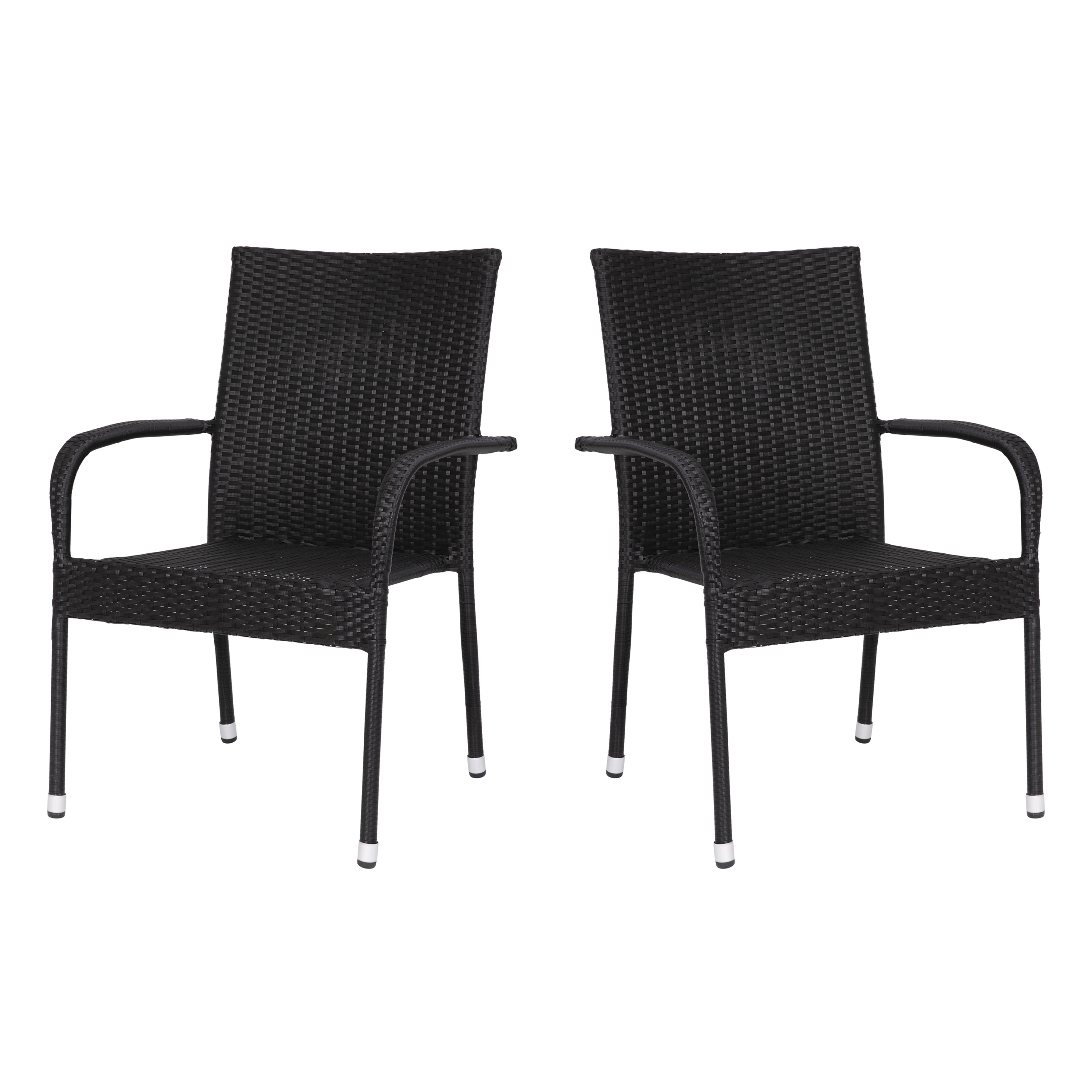 Flash Furniture 2-TW-3WBE073-BK-GG Stackable Indoor/Outdoor Black Wicker Dining Chair with Arms, Steel Frame, Set of 2