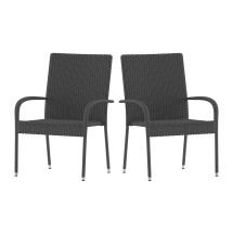 Flash Furniture 2-TW-3WBE073-GY-GG Stackable Indoor/Outdoor Gray Wicker Dining Chair with Arms with Steel Frame, Set of 2