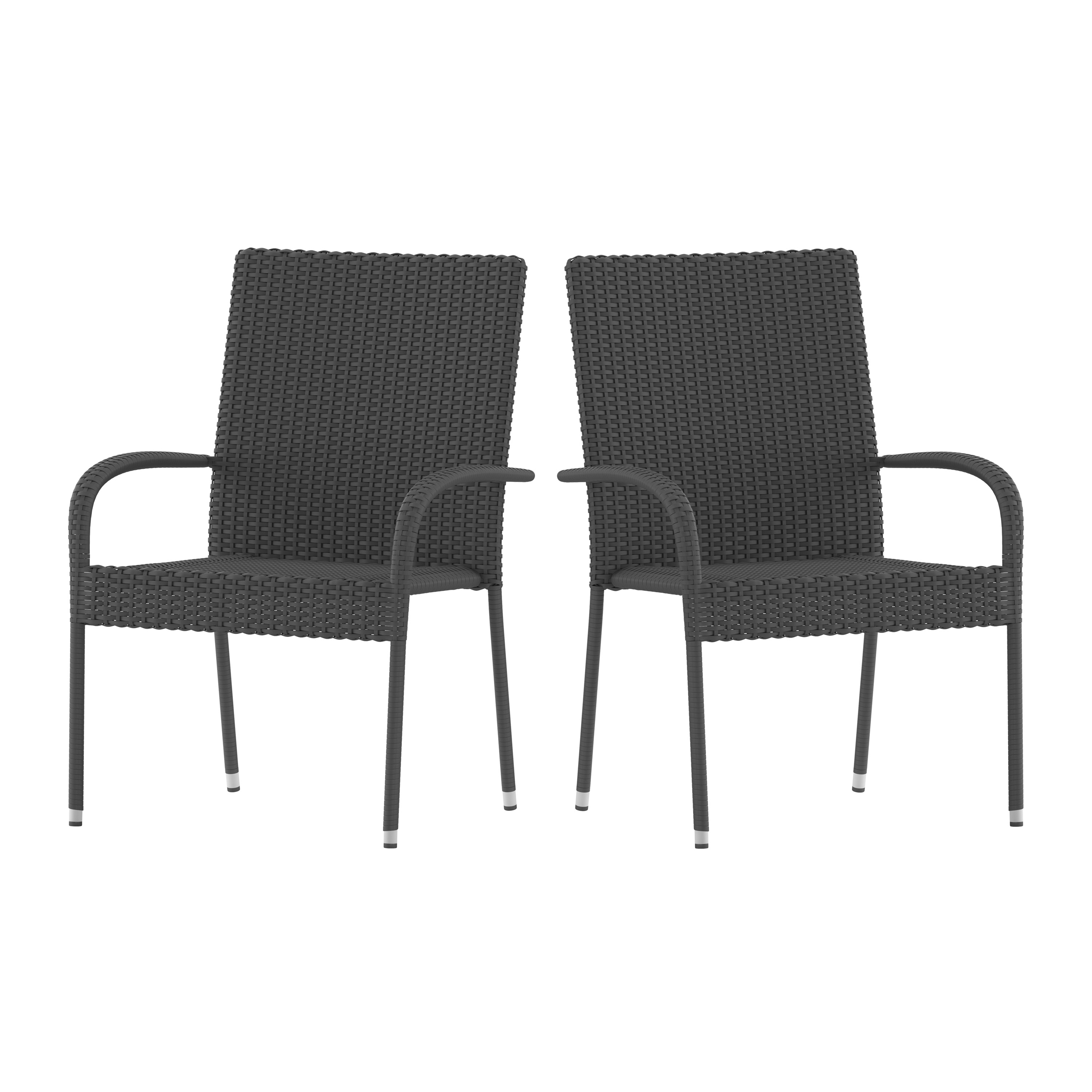Flash Furniture 2-TW-3WBE073-GY-GG Stackable Indoor/Outdoor Gray Wicker Dining Chair with Arms with Steel Frame, Set of 2