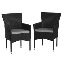 Flash Furniture 2-TW-3WBE074-BK-GG All-Weather Modern Black Wicker Patio Armchair with Gray Cushions, Set of 2