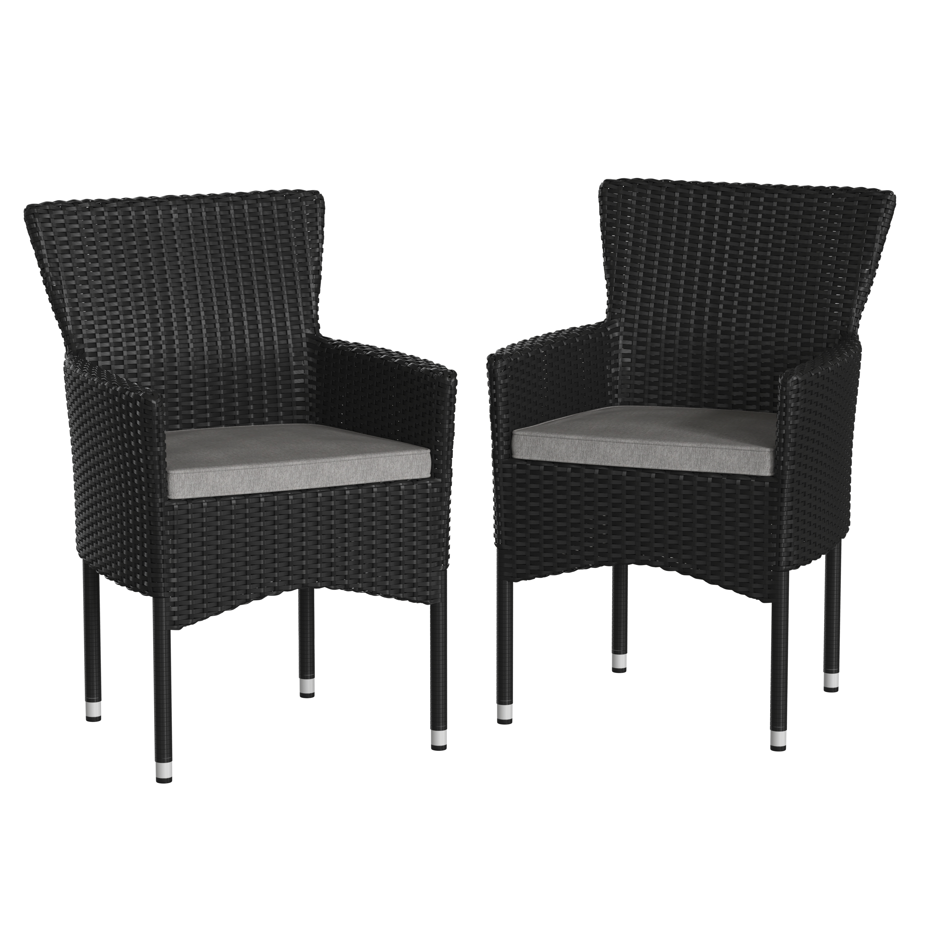 Flash Furniture 2-TW-3WBE074-BK-GG All-Weather Modern Black Wicker Patio Armchair with Gray Cushions, Set of 2