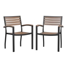 Flash Furniture 2-XU-DG-HW6006-GG Outdoor Stackable Brown Faux Wood Side Chair with Black Aluminum Frame, Set of 2