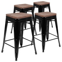 Flash Furniture 4-ET-31320W-24-BK-R-GG Cierra 24" Black Metal Indoor Stackable Counter Height Bar Stool with Wood Seat, Set of 4