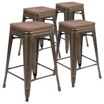 Flash Furniture 4-ET-31320W-24-GN-R-GG Cierra 24&quot; Gun Metal Gray Metal Indoor Stackable Counter Height Bar Stool with Wood Seat, Set of 4