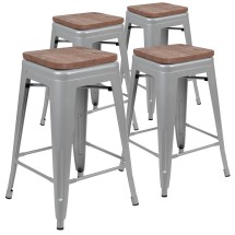 Flash Furniture 4-ET-31320W-24-SV-R-GG Cierra 24&quot; Silver Metal Indoor Stackable Counter Height Bar Stool with Wood Seat, Set of 4