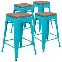 Flash Furniture 4-ET-31320W-24-TL-R-GG Cierra 24&quot; Teal Metal Indoor Stackable Counter Height Bar Stool with Wood Seat, Set of 4