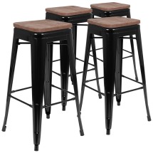 Flash Furniture 4-ET-31320W-30-BK-R-GG Cierra 30" Black Metal Indoor Stackable Bar Stool with Wood Seat, Set of 4