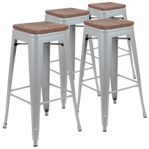 Flash Furniture 4-ET-31320W-30-SV-R-GG Cierra 30" Silver Metal Stackable Indoor Bar Stool with Wood Seat, Set of 4