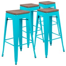 Flash Furniture 4-ET-31320W-30-TL-R-GG Cierra 30&quot; Teal Metal Stackable Indoor Bar Stool with Wood Seat, Set of 4