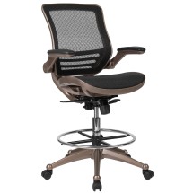 Flash Furniture BL-LB-8801X-D-GG Mid-Back Transparent Black Mesh Drafting Chair with Melrose Gold Frame and Flip-Up Arms