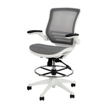 Flash Furniture BL-LB-8801X-D-GR-WH-GG Mid-Back Transparent Gray Mesh Drafting Chair with White Frame and Flip-Up Arms